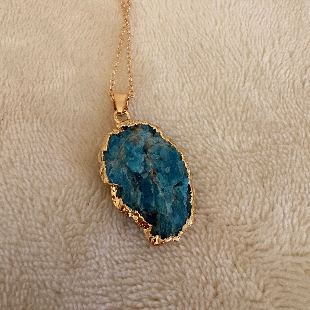 Blue Apatite Crystal Necklace | Gold Trim | 16–18” Stainless Steel Chain |